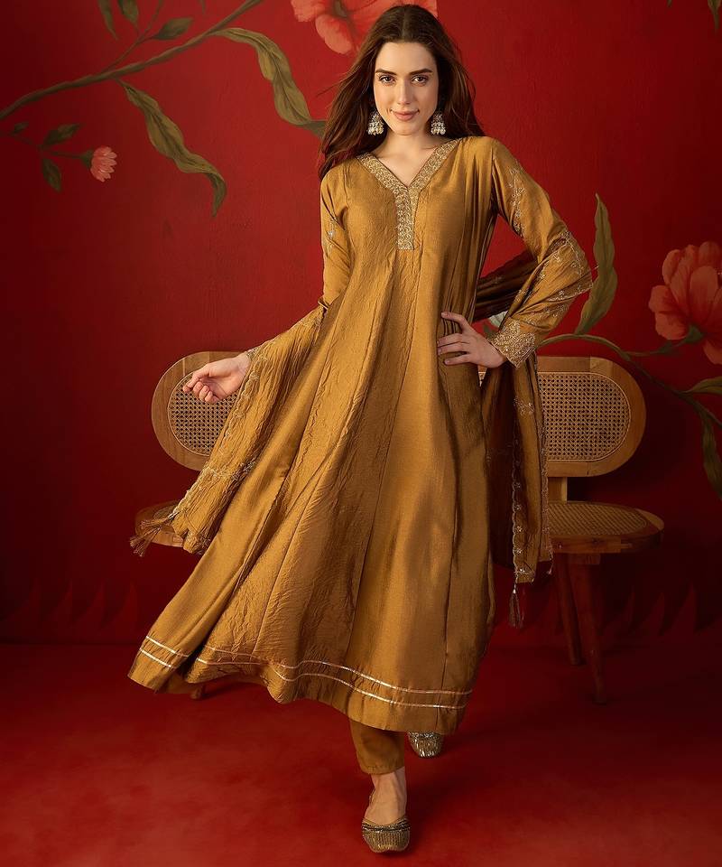 Brown silk chiffon embroidered anarkali kurta set.