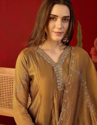 Brown silk chiffon embroidered anarkali kurta set. 3