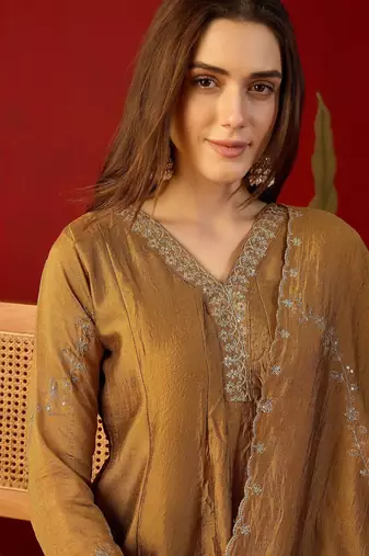 Brown silk chiffon embroidered anarkali kurta set.