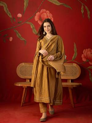 Brown silk chiffon embroidered anarkali kurta set. 4