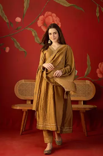 Brown silk chiffon embroidered anarkali kurta set.