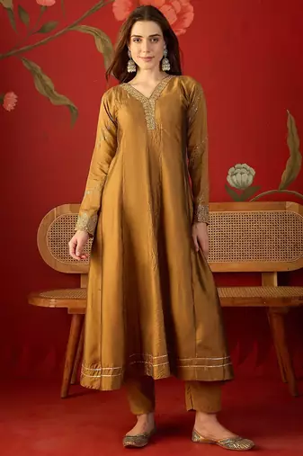 Brown silk chiffon embroidered anarkali kurta set.
