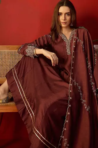 Maroon silk chiffon embroidered anarkali kurta set