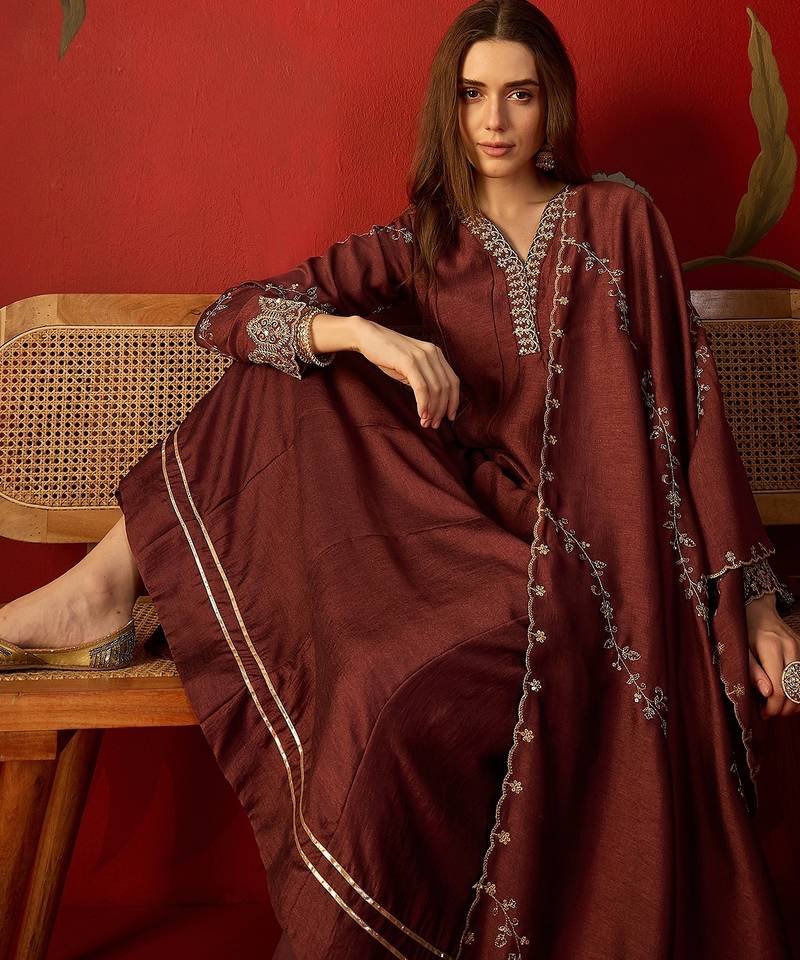 Maroon silk chiffon embroidered anarkali kurta set