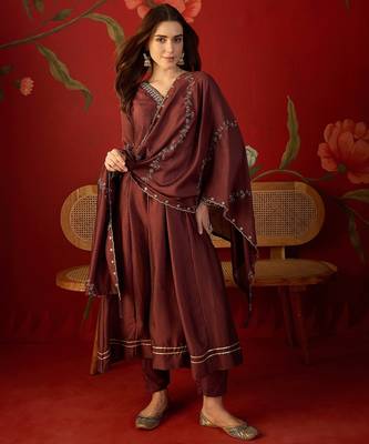 Maroon silk chiffon embroidered anarkali kurta set 3