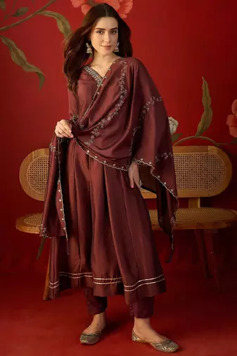 Maroon silk chiffon embroidered anarkali kurta set