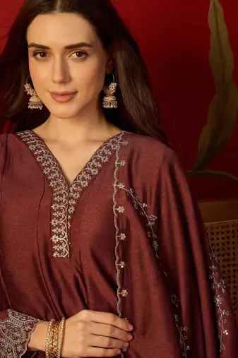 Maroon silk chiffon embroidered anarkali kurta set