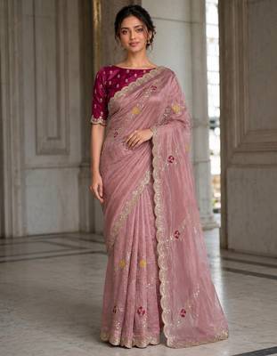 Peach Tissue embroidery work saree with work blouse piece 1
