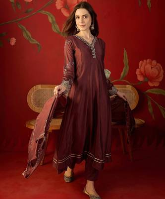 Maroon silk chiffon embroidered anarkali kurta set 1