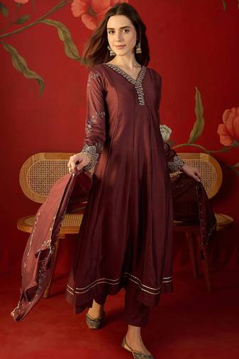 Maroon silk chiffon embroidered anarkali kurta set