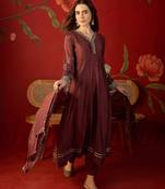 Maroon silk chiffon embroidered anarkali kurta set