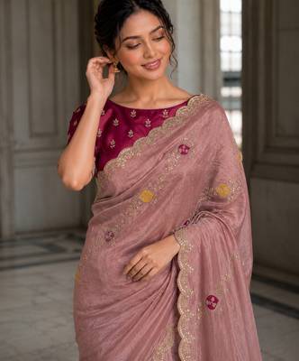 Peach Tissue embroidery work saree with work blouse piece 2