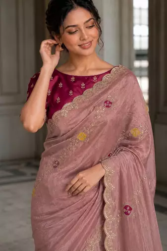 Peach Tissue embroidery work saree with work blouse piece