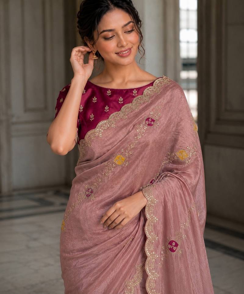 Peach Tissue embroidery work saree with work blouse piece