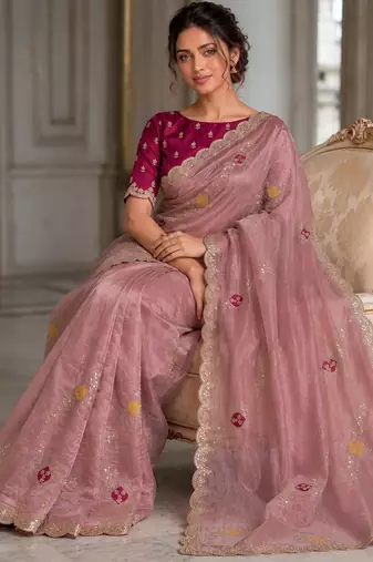 Peach Tissue embroidery work saree with work blouse piece