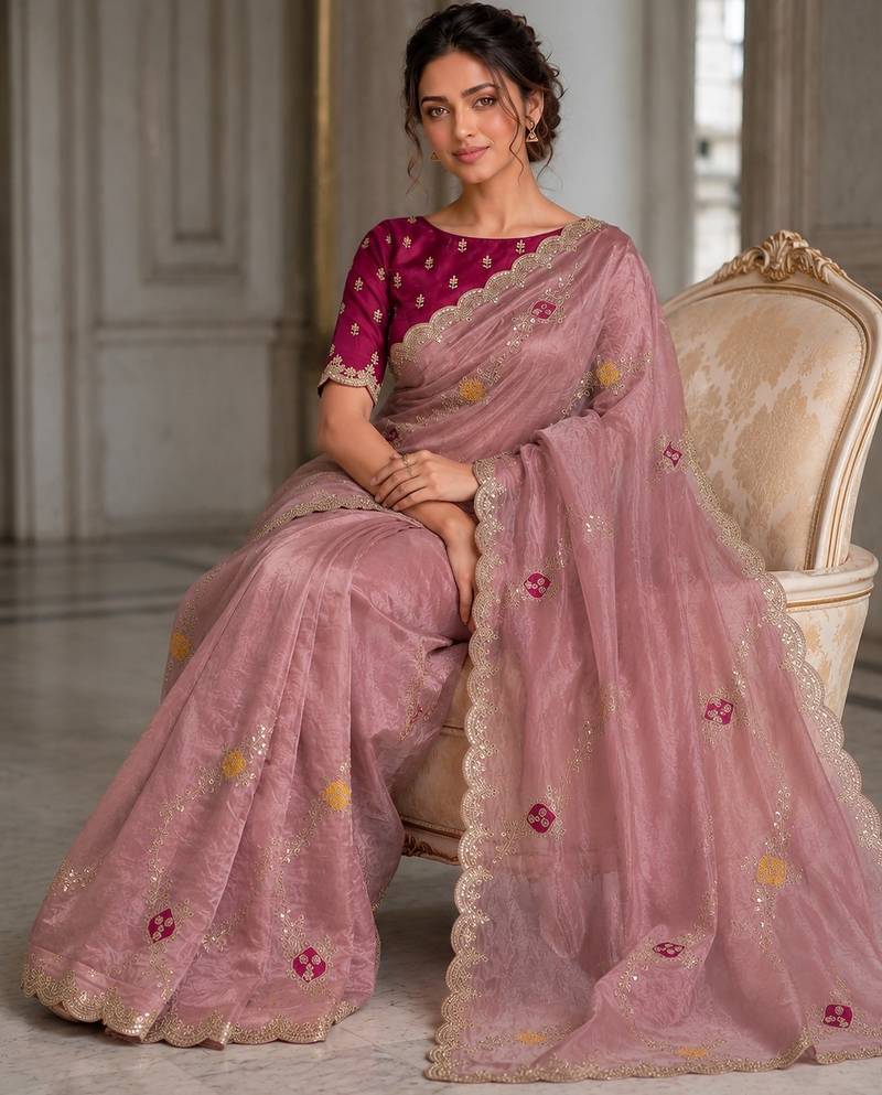 Peach Tissue embroidery work saree with work blouse piece