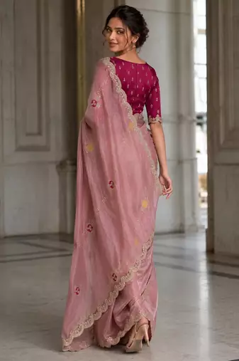 Peach Tissue embroidery work saree with work blouse piece