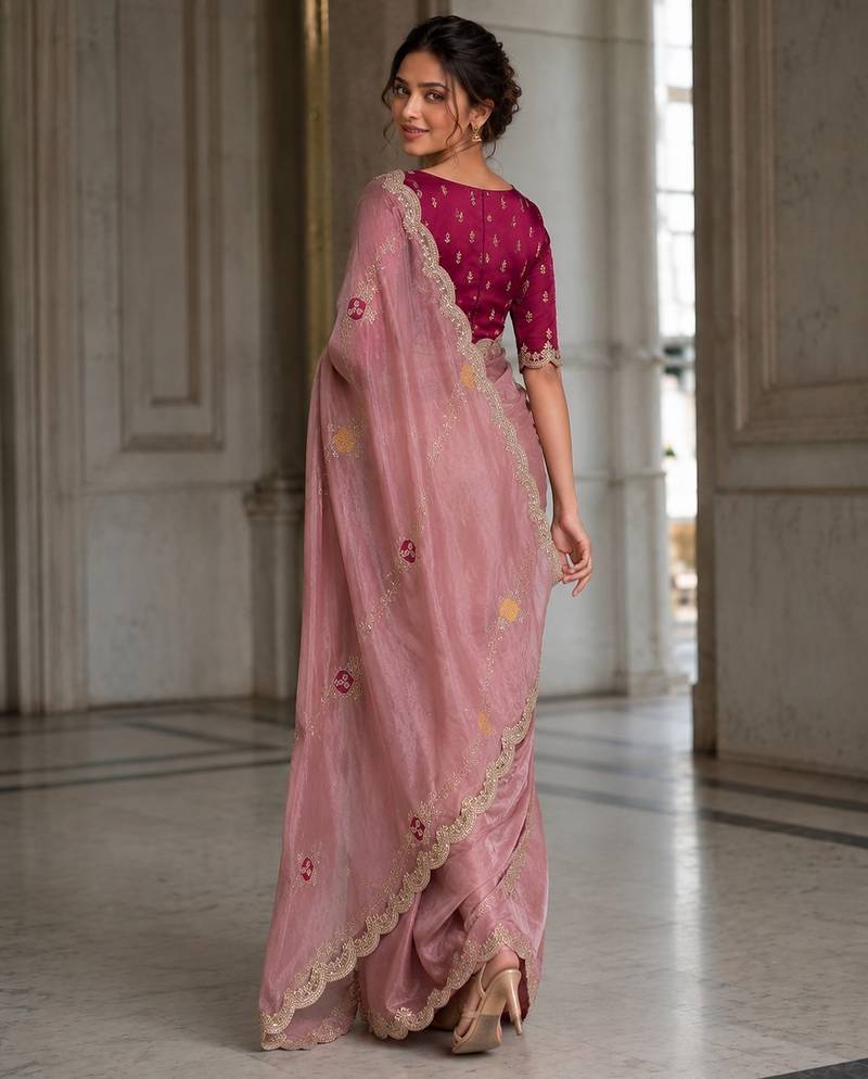 Peach Tissue embroidery work saree with work blouse piece