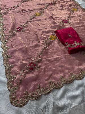 Peach Tissue embroidery work saree with work blouse piece 8