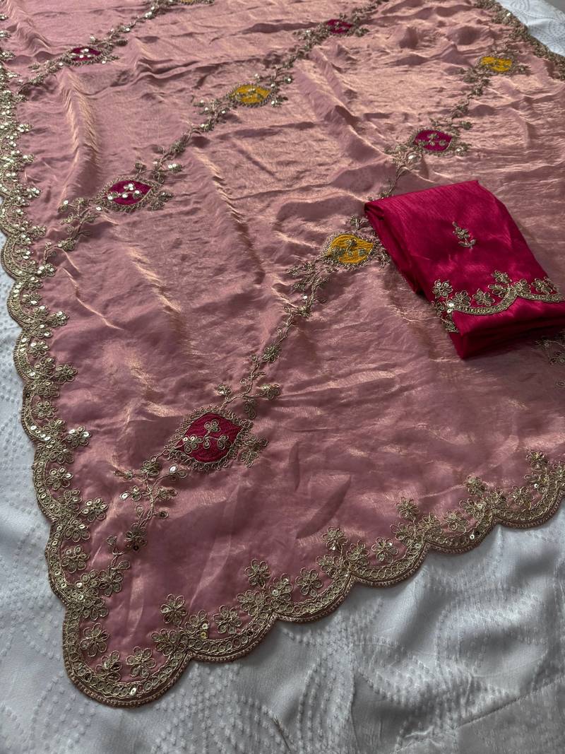 Peach Tissue embroidery work saree with work blouse piece