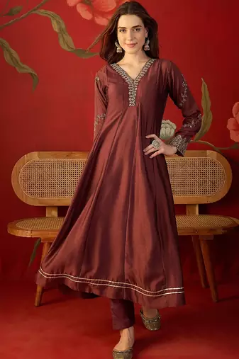 Maroon silk chiffon embroidered anarkali kurta set