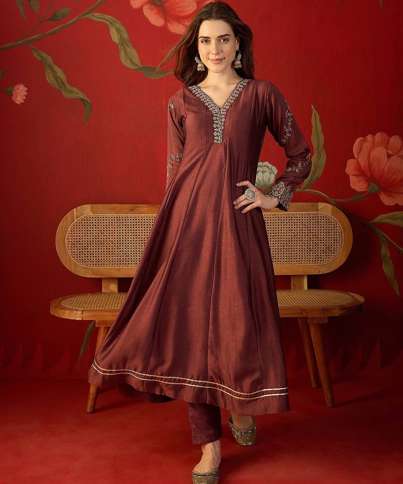 Maroon silk chiffon embroidered anarkali kurta set