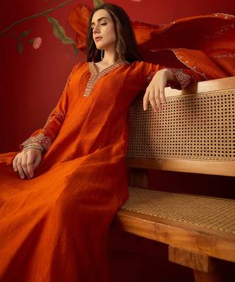 Orange silk chiffon embroidered anarkali kurta set 2