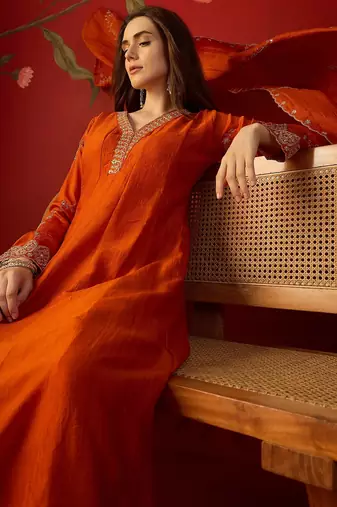 Orange silk chiffon embroidered anarkali kurta set