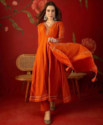 Orange silk chiffon embroidered anarkali kurta set 1