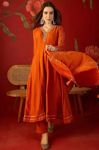 Orange silk chiffon embroidered anarkali kurta set