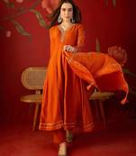 Orange silk chiffon embroidered anarkali kurta set