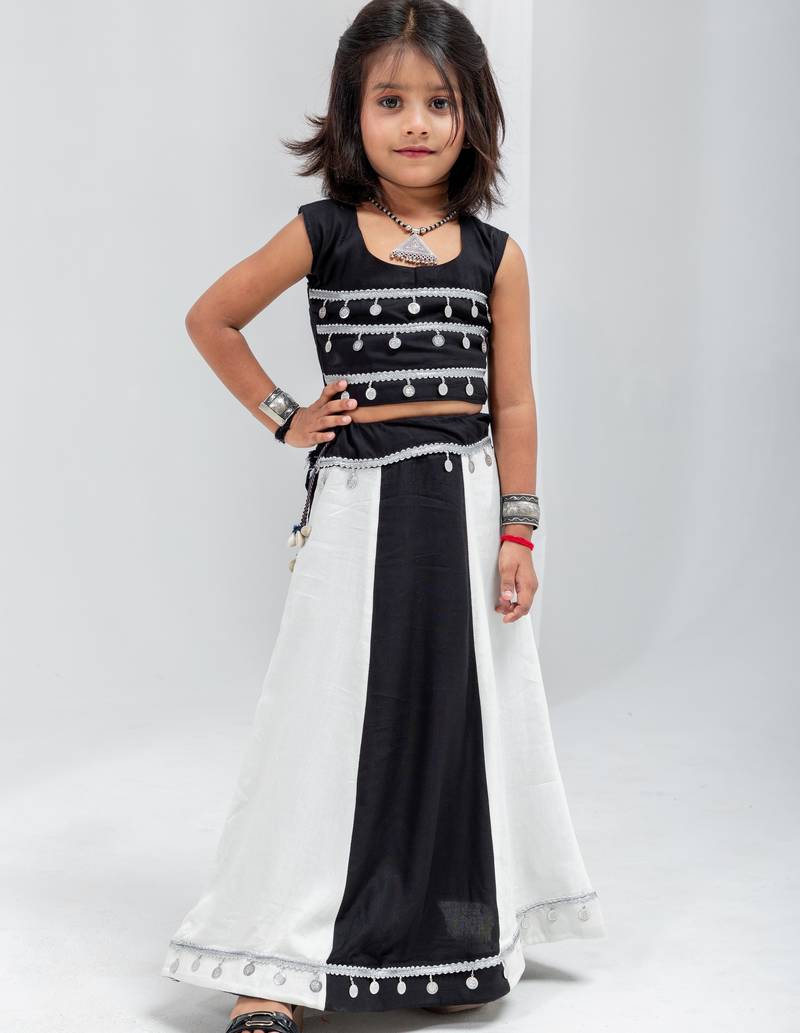 Navratri special real kodi with silver coin lace & latkan work lehenga with blouse for kids