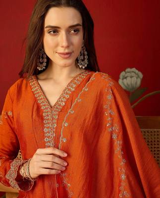 Orange silk chiffon embroidered anarkali kurta set 3