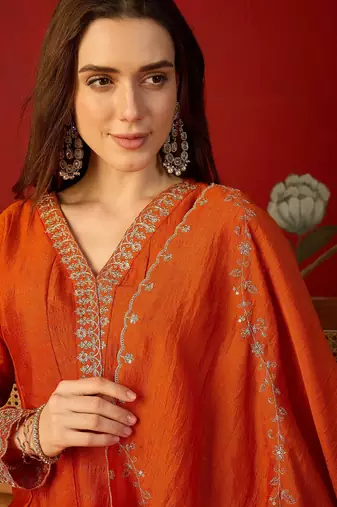 Orange silk chiffon embroidered anarkali kurta set