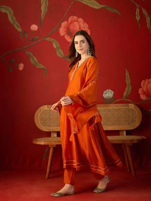 Orange silk chiffon embroidered anarkali kurta set 4