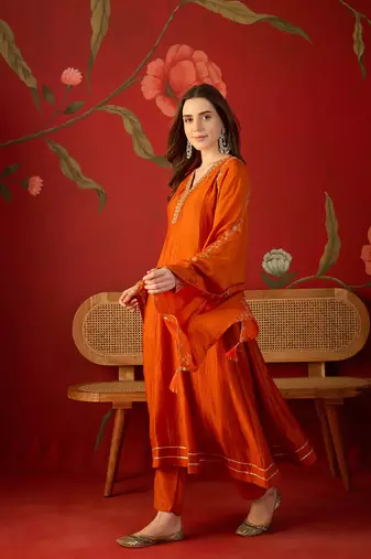 Orange silk chiffon embroidered anarkali kurta set