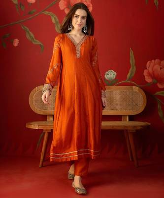 Orange silk chiffon embroidered anarkali kurta set 5
