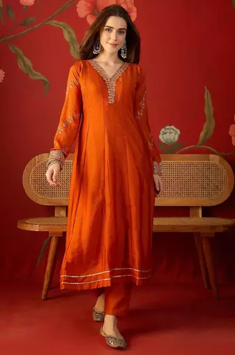Orange silk chiffon embroidered anarkali kurta set