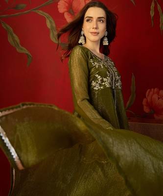 Olive silk chiffon embroidered kurta set. 2