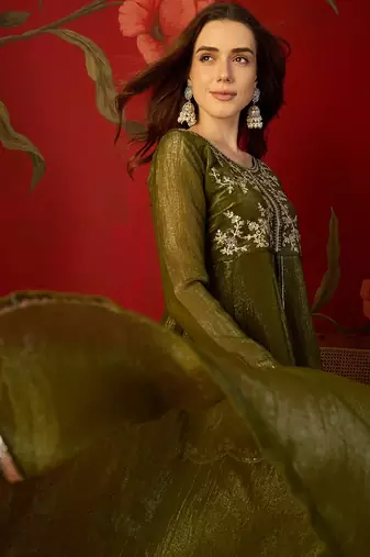 Olive silk chiffon embroidered kurta set.