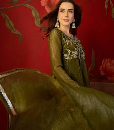 Olive silk chiffon embroidered kurta set.