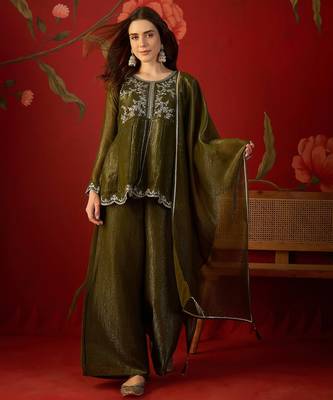 Olive silk chiffon embroidered kurta set. 1