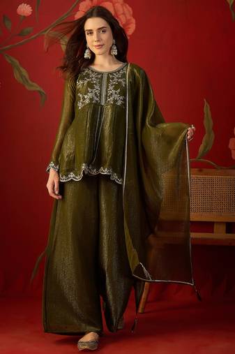 Olive silk chiffon embroidered kurta set.