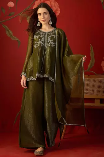 Olive silk chiffon embroidered kurta set.