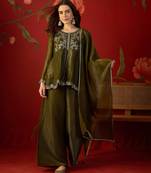 Olive silk chiffon embroidered kurta set.