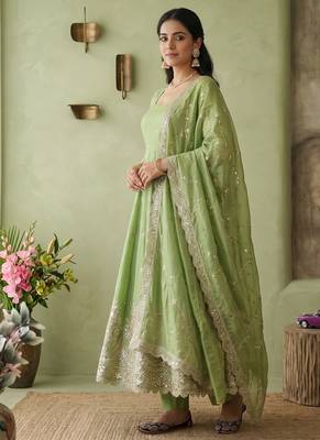 Pista colour embroidered georgette anarkali suit set with dupatta & pant 3