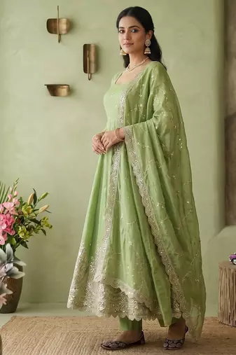Pista colour embroidered georgette anarkali suit set with dupatta & pant