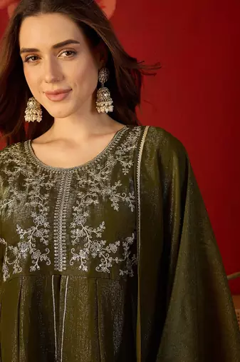Olive silk chiffon embroidered kurta set.