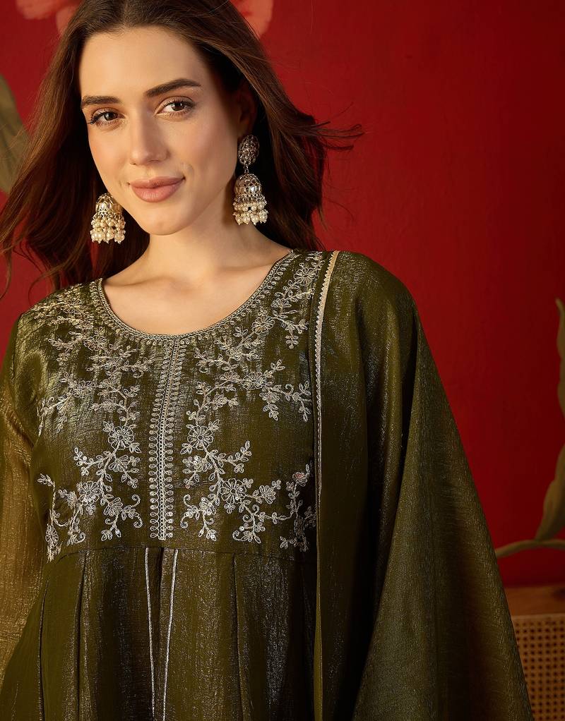 Olive silk chiffon embroidered kurta set.