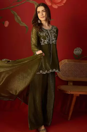 Olive silk chiffon embroidered kurta set.